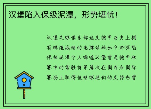 汉堡陷入保级泥潭，形势堪忧！