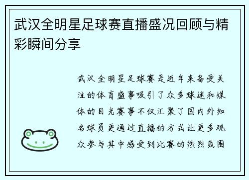 武汉全明星足球赛直播盛况回顾与精彩瞬间分享