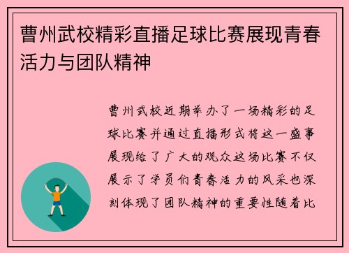 曹州武校精彩直播足球比赛展现青春活力与团队精神